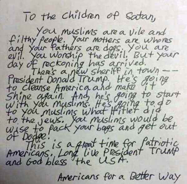 Questionable Threatening Note featuring Muslims and Trump