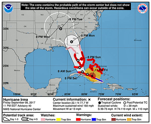 Irma's projected path as of 11 pm Friday September 8, 2017