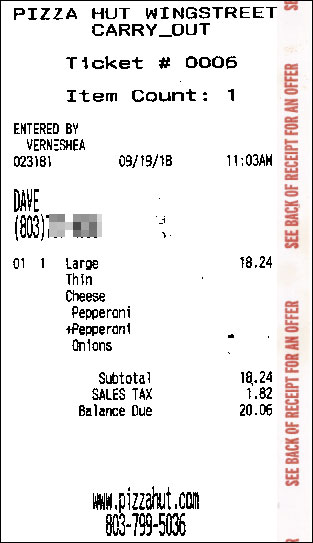 pizza hut receipt
